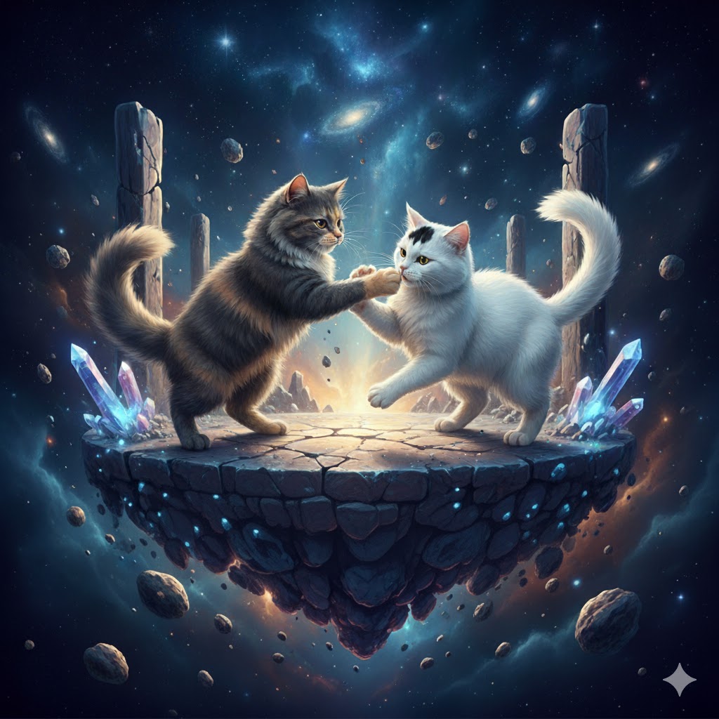 宇宙を背景に遊ぶ灰色のさび猫と白いハチワレ猫